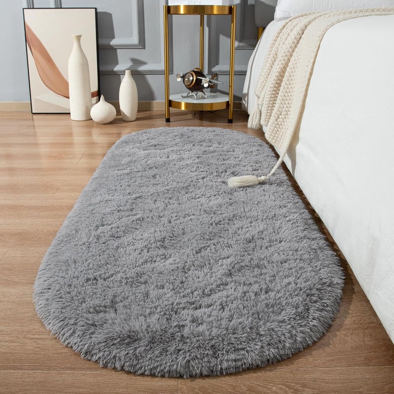 Softlife Fluffy Rugs for Bedroom, Shag Cute Area Rug for Girls and Kids Baby Room Home Decor, 2 x 5 Feet Oval Indoor Carpet for Nursery Dorm Living Room, Grey - Image 1